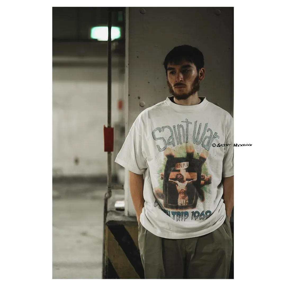 SAINT MICHAEL SAINT WAR TEE/WHAT new style Jesus cross retro short-sleeved, off-white S-XL, ready-to-wear, washed and distressed, printed repeatedly and modified, tube-woven seamless fabric, with little angel anti-counterfeiting label
